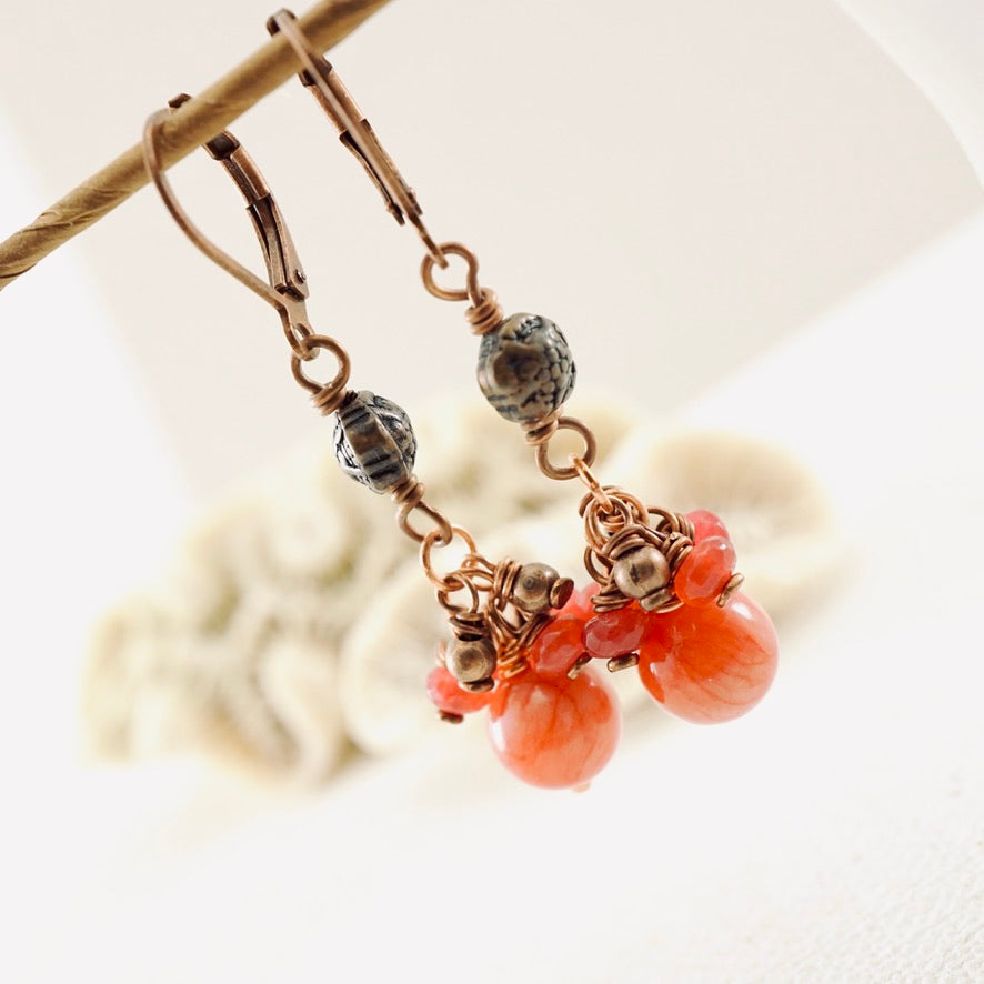 TN Pink Jade Cluster Earrings (Copper)