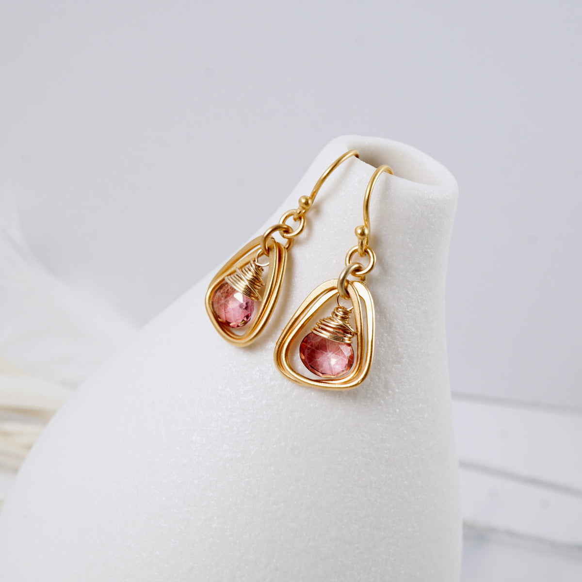 Pink Quartz Rounded Triangle Hoop Earrings