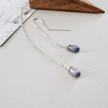 Load image into Gallery viewer, Purple Glass Threader Box Chain Earrings