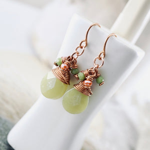 TN Green Olive Jade Drop Earrings (Copper)