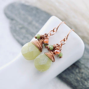 TN Green Olive Jade Drop Earrings (Copper)