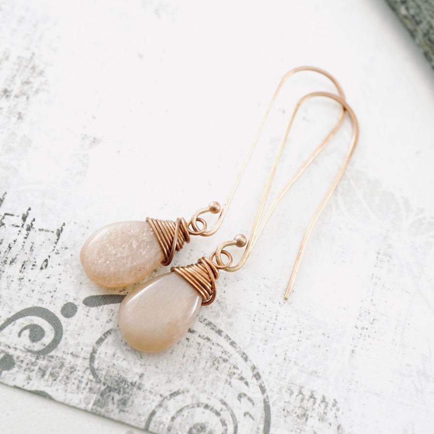 Peach Moonstone Long Drop Earrings