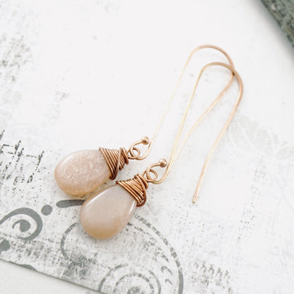 Peach Moonstone Long Drop Earrings