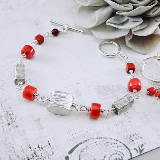 Coral & Silver Rhythm Bracelet