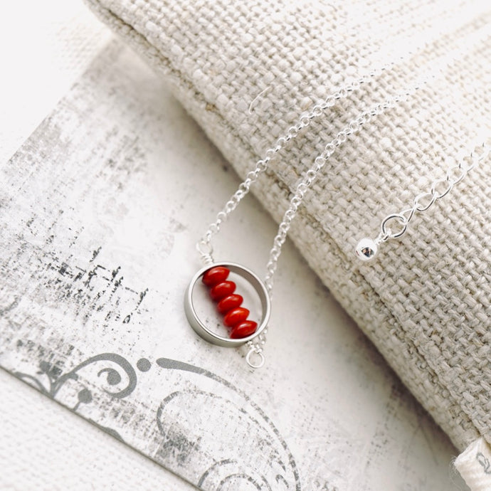 TN Red Coral Round Bar Necklace (Sterling Silver)