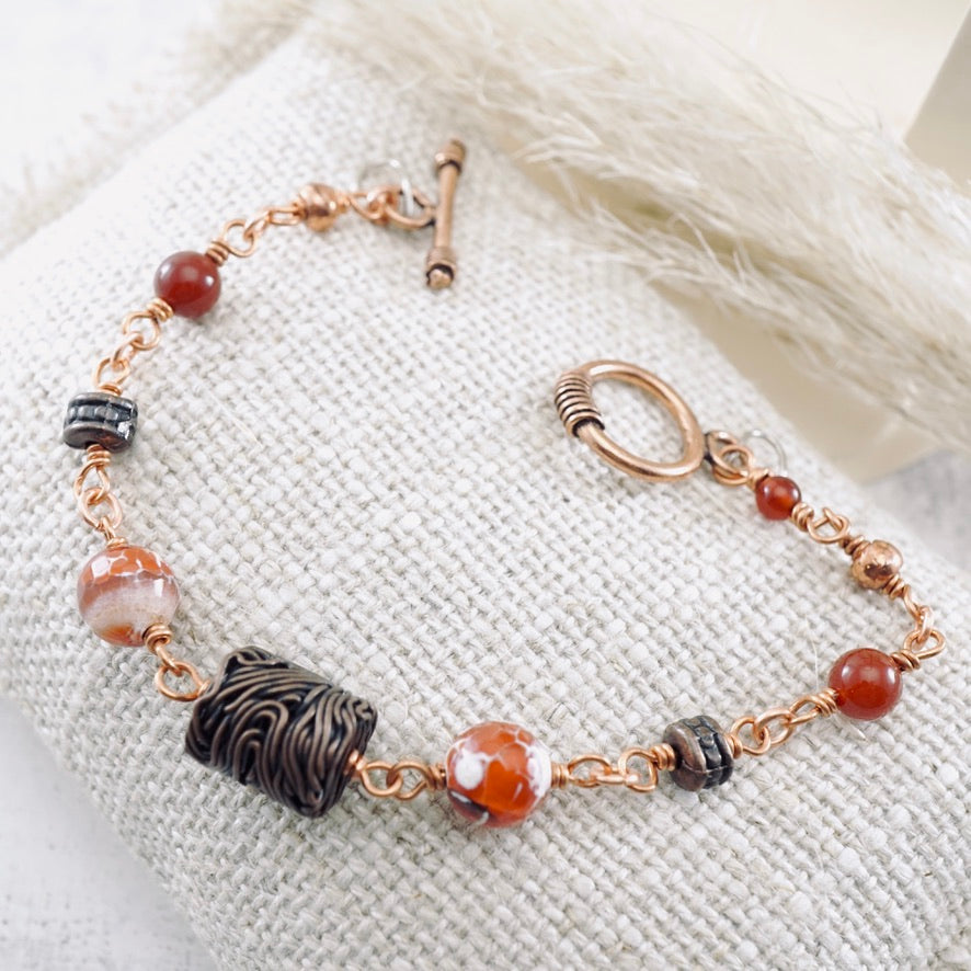 Fire Agate Copper Noodle Bracelet (Toggle Clasp)