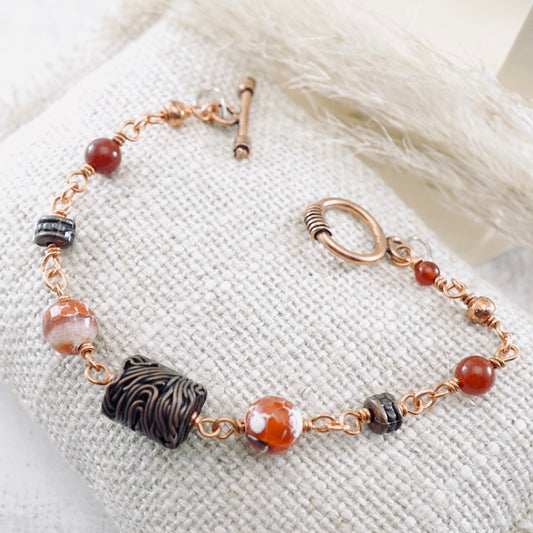 Fire Agate Copper Noodle Bracelet (Toggle Clasp)