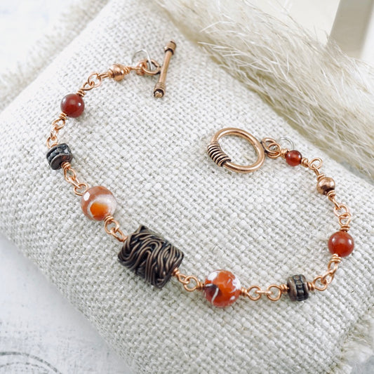 Fire Agate Copper Noodle Bracelet (Toggle Clasp)