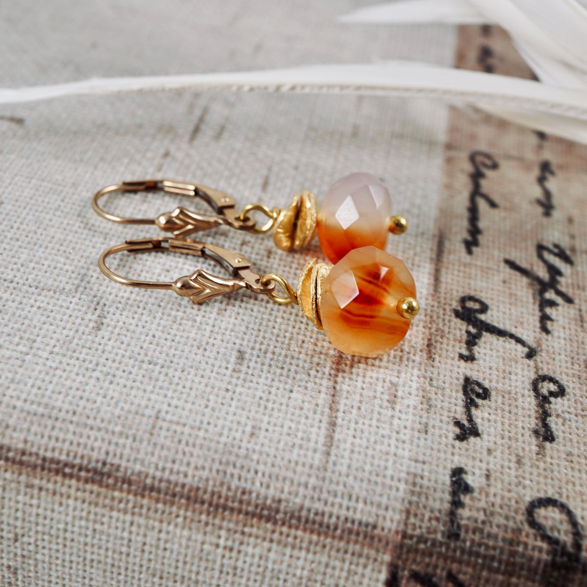 Carnelian Agate Cornflake Drop Earrings (GF)