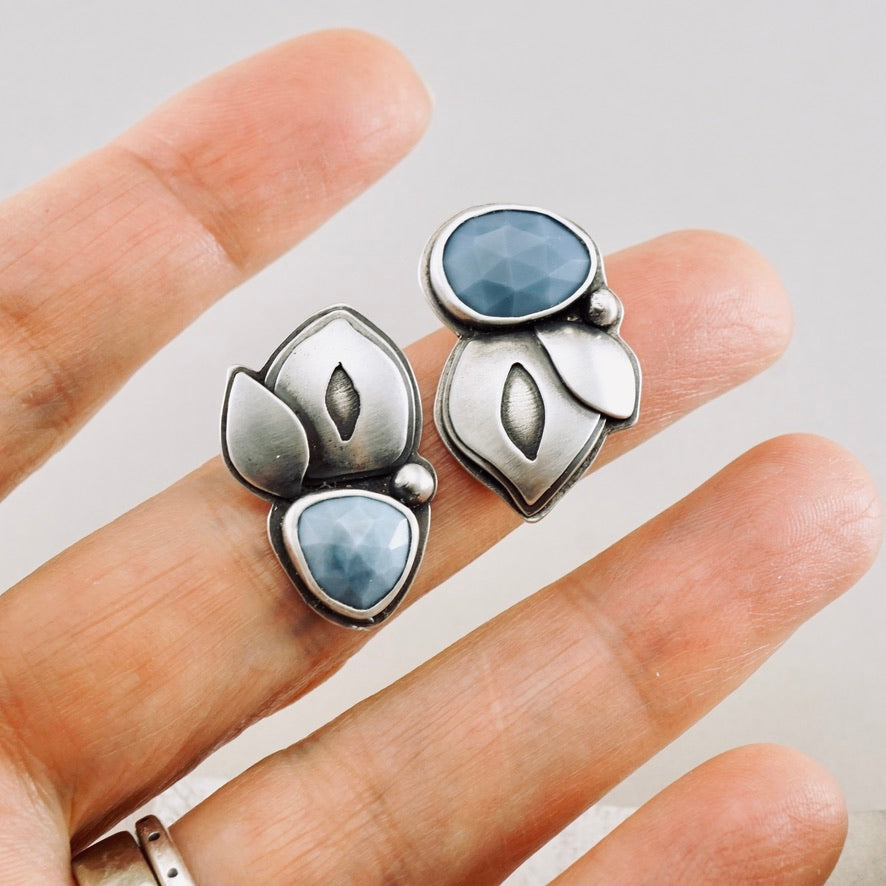 Blue Opal Leaf Stud Earrings