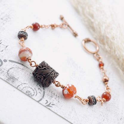 Fire Agate Copper Noodle Bracelet (Toggle Clasp)