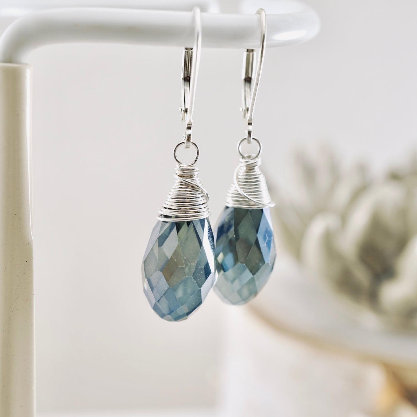 Large Faceted Blue Crystal Drop Earrings