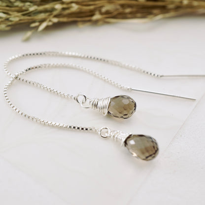 Smoky Quartz Threader Box Chain Earrings