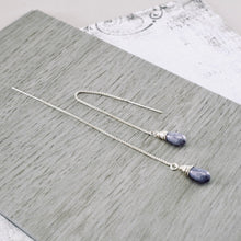 Load image into Gallery viewer, Purple Glass Threader Box Chain Earrings