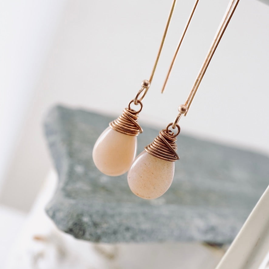 Peach Moonstone Long Drop Earrings