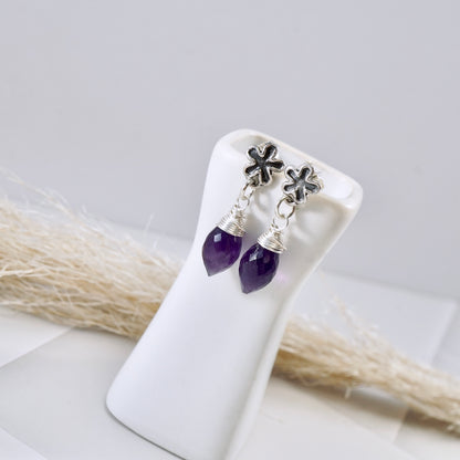 Amethyst Flower Drop Stud Earrings