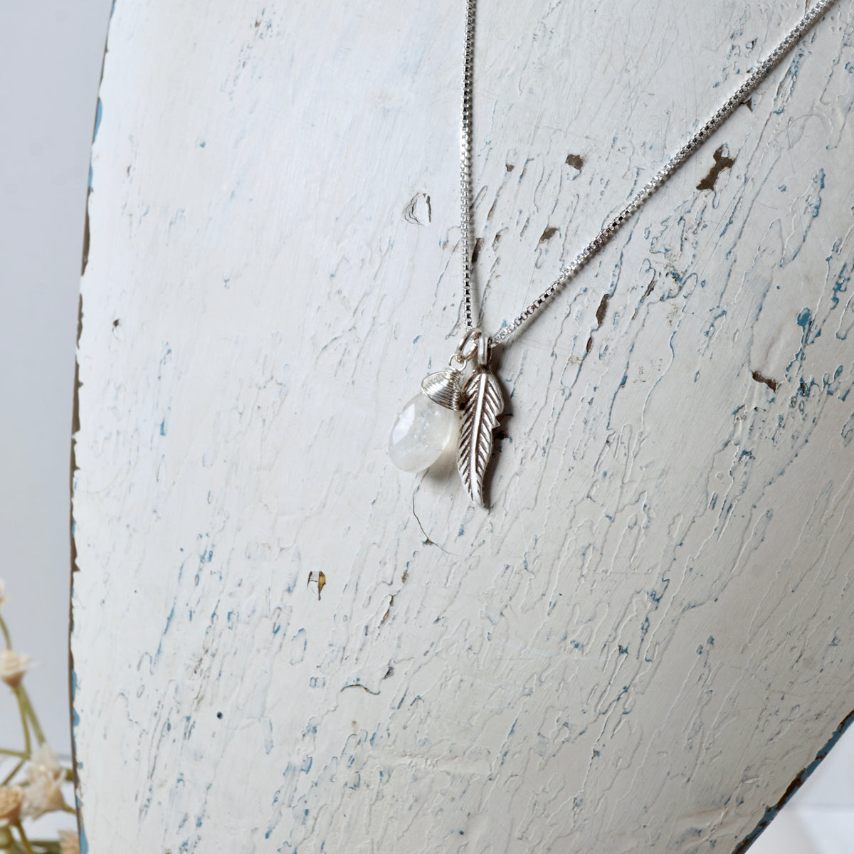 Petite Moonstone & Feather Pendant