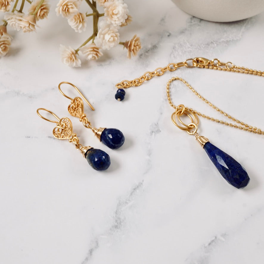 Natural Lapis Filigree Heart Drop Earrings