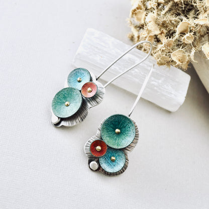 Waterdrop Cluster Long Earrings (Aqua, Moss & Coral)