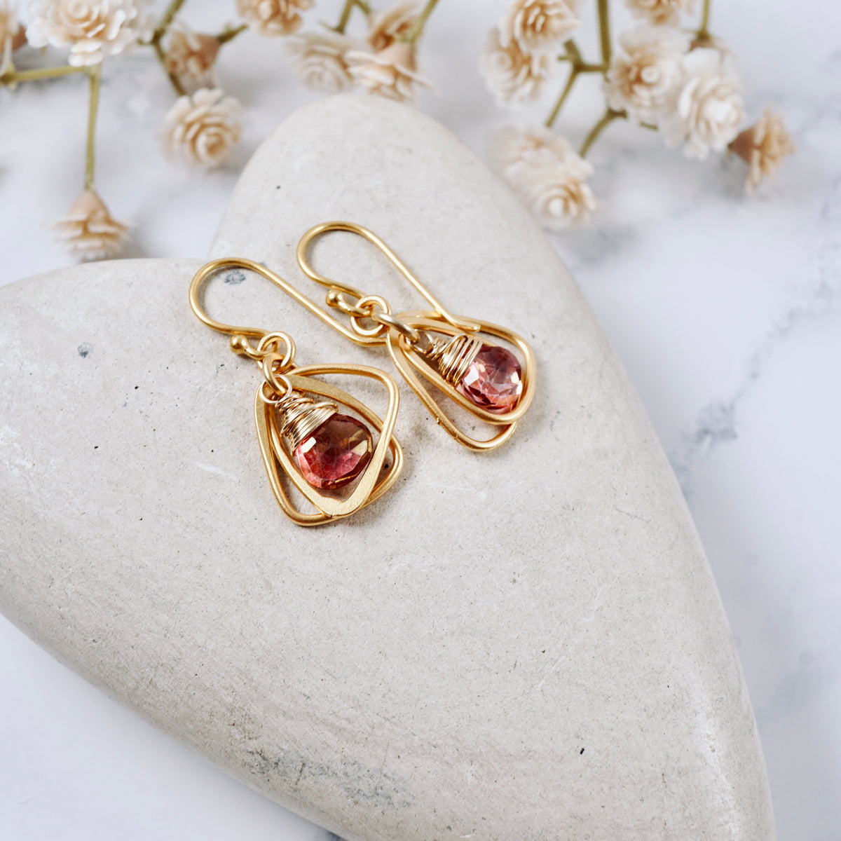 Pink Quartz Rounded Triangle Hoop Earrings