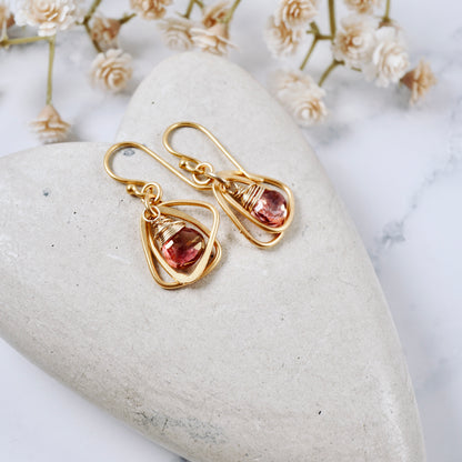 Pink Quartz Rounded Triangle Hoop Earrings