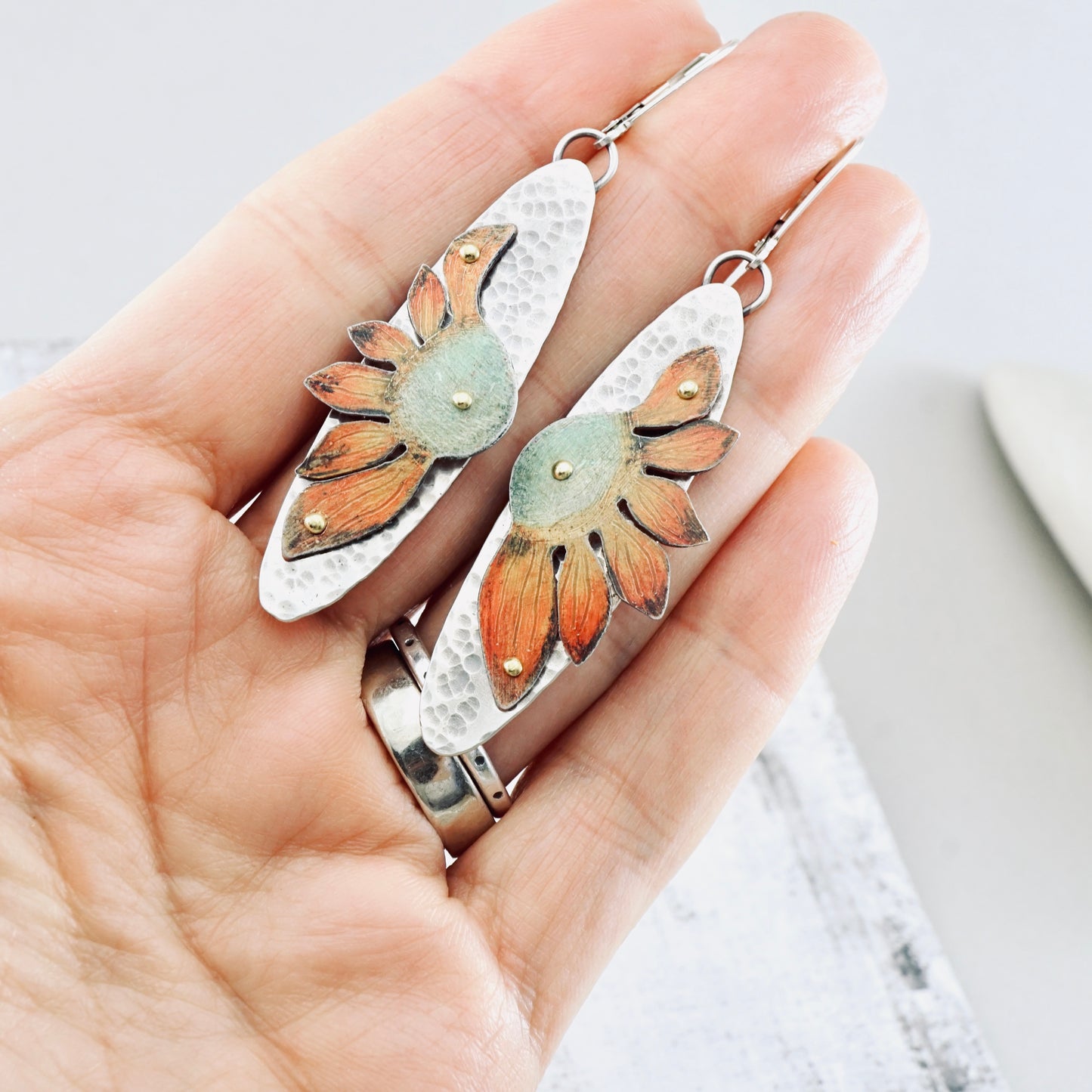 Wildflower Oval Drop Earrings (Orange & Sage)