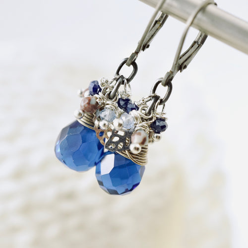 TN Blue Crystal Drop Cocktail Earrings (Silver)