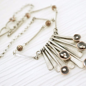 Unique, artisan designed, handmade sterling silver and copper, fringe necklace | Square Pods collection