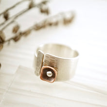Load image into Gallery viewer, Unique, artisan designed, handmade sterling silver and copper, open band ring | Square Pods collection
