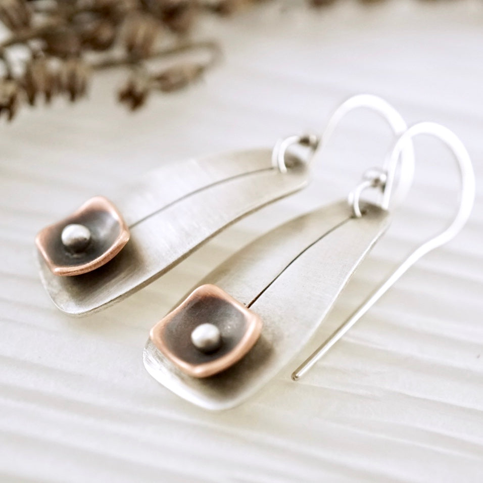 Unique, artisan designed, handmade sterling silver and copper, short ear wire earrings | Square Pods collection