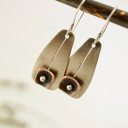 Unique, artisan designed, handmade sterling silver and copper, short ear wire earrings | Square Pods collection