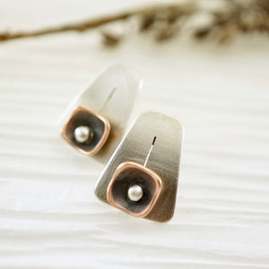 Unique, artisan designed, handmade sterling silver and copper, post earrings | Square Pods collection