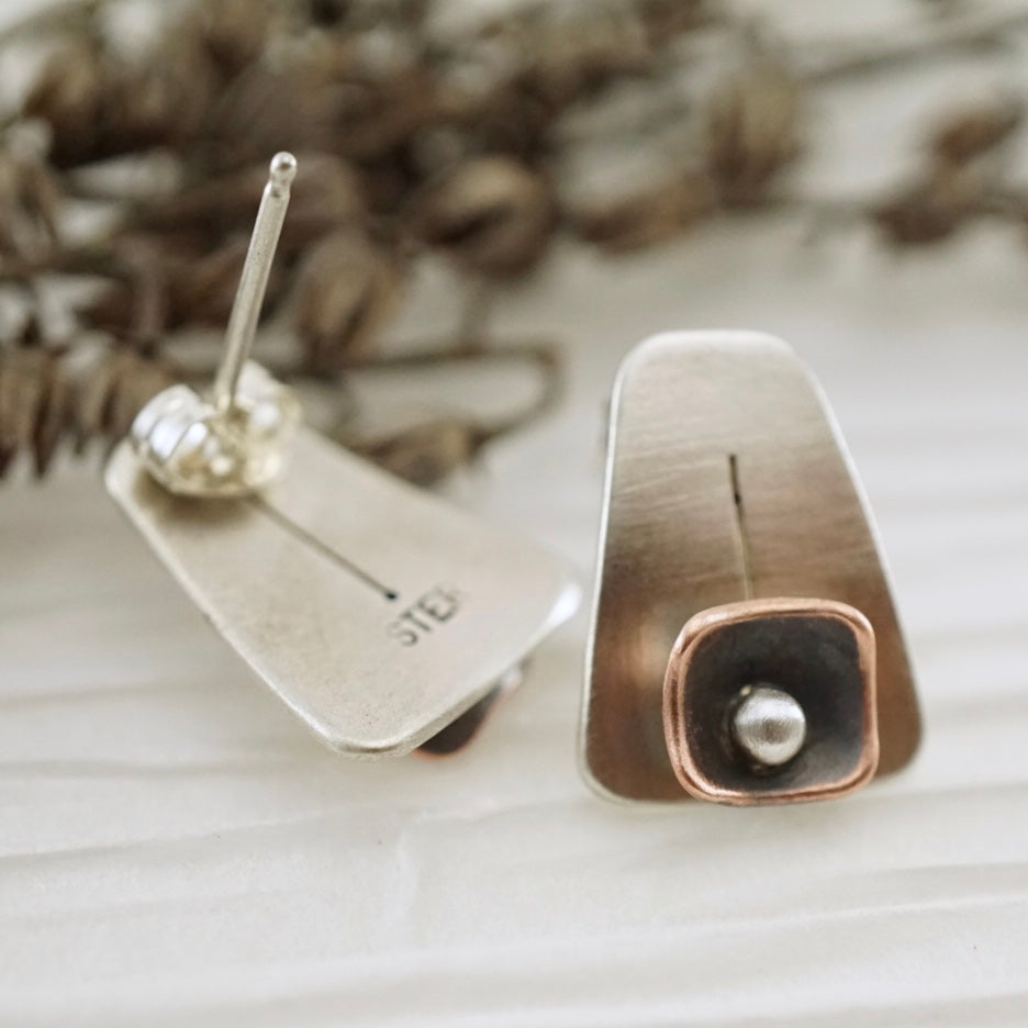 Unique, artisan designed, handmade sterling silver and copper, post earrings | Square Pods collection