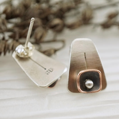 Unique, artisan designed, handmade sterling silver and copper, post earrings | Square Pods collection