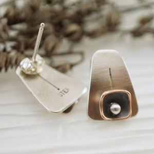 Unique, artisan designed, handmade sterling silver and copper, post earrings | Square Pods collection