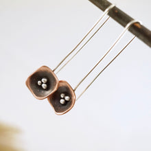 Load image into Gallery viewer, Unique, artisan designed, handmade sterling silver and copper, single pod, long ear wire earrings | Square Pods collection