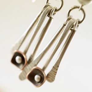 Unique, artisan designed, handmade sterling silver and copper, fringe earrings | Square Pods collection