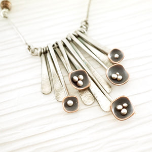 Unique, artisan designed, handmade sterling silver and copper, fringe necklace | Square Pods collection