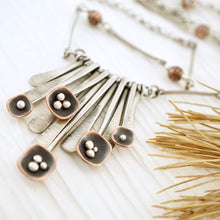 Load image into Gallery viewer, Unique, artisan designed, handmade sterling silver and copper, fringe necklace | Square Pods collection
