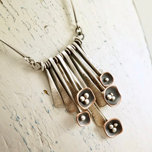 Unique, artisan designed, handmade sterling silver and copper, fringe necklace | Square Pods collection