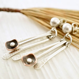 Unique, artisan designed, handmade sterling silver and copper, fringe earrings | Square Pods collection
