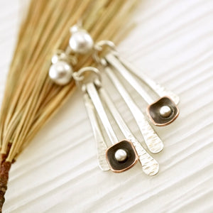 Unique, artisan designed, handmade sterling silver and copper, fringe earrings | Square Pods collection