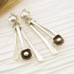 Unique, artisan designed, handmade sterling silver and copper, fringe earrings | Square Pods collection