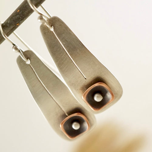 Unique, artisan designed, handmade sterling silver and copper, long ear wire earrings | Square Pods collection