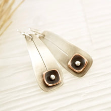 Load image into Gallery viewer, Unique, artisan designed, handmade sterling silver and copper, long ear wire earrings | Square Pods collection