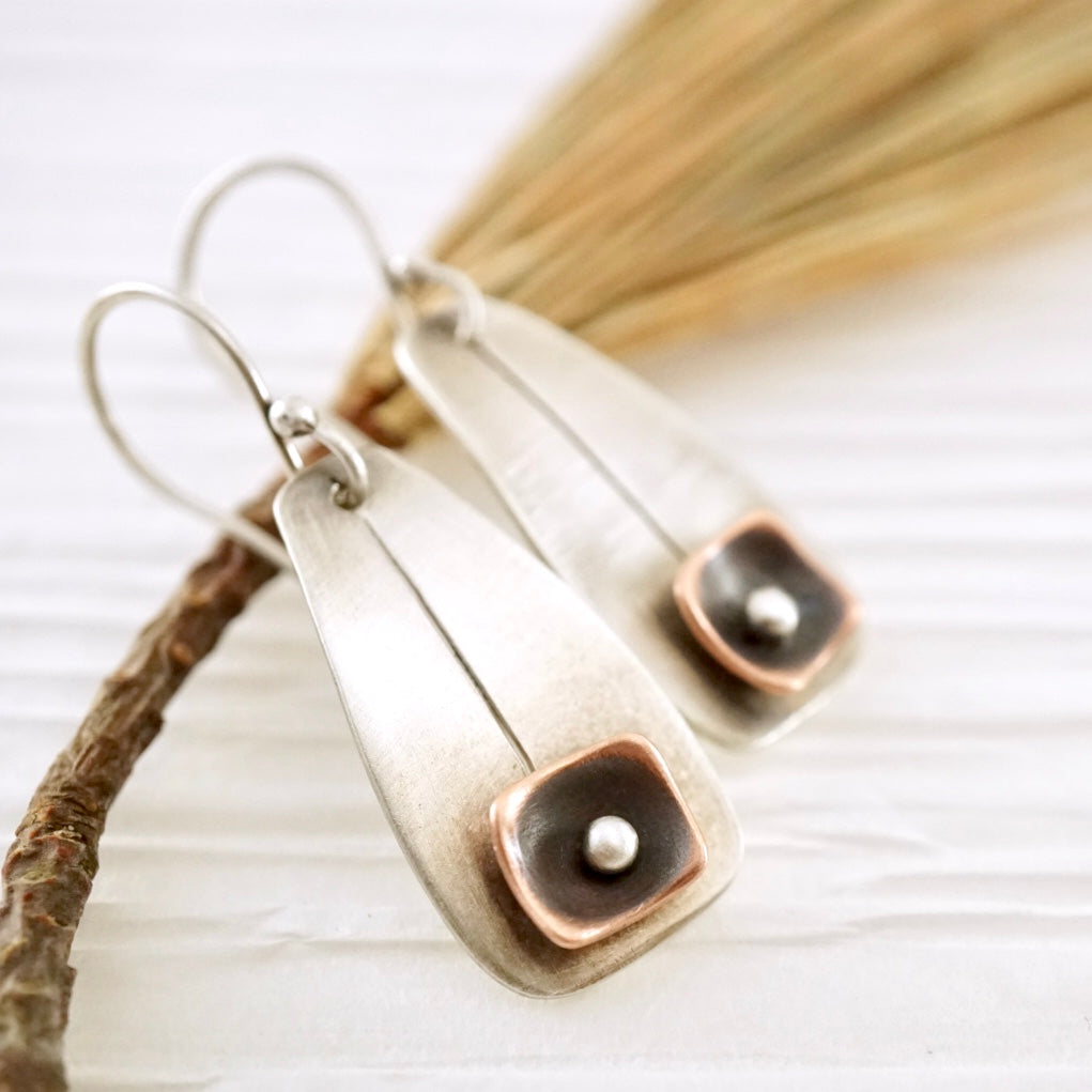 Unique, artisan designed, handmade sterling silver and copper, short ear wire earrings | Square Pods collection