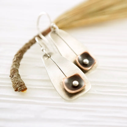 Unique, artisan designed, handmade sterling silver and copper, short ear wire earrings | Square Pods collection