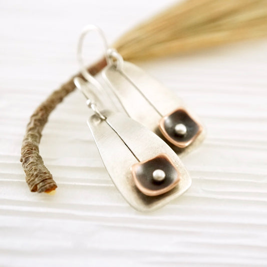 Unique, artisan designed, handmade sterling silver and copper, short ear wire earrings | Square Pods collection