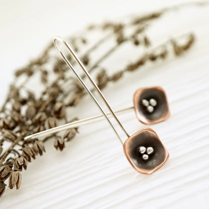 Unique, artisan designed, handmade sterling silver and copper, single pod, long ear wire earrings | Square Pods collection