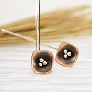 Unique, artisan designed, handmade sterling silver and copper, single pod, long ear wire earrings | Square Pods collection